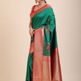 Green Soft Silk Saree With Red and Golden Border front