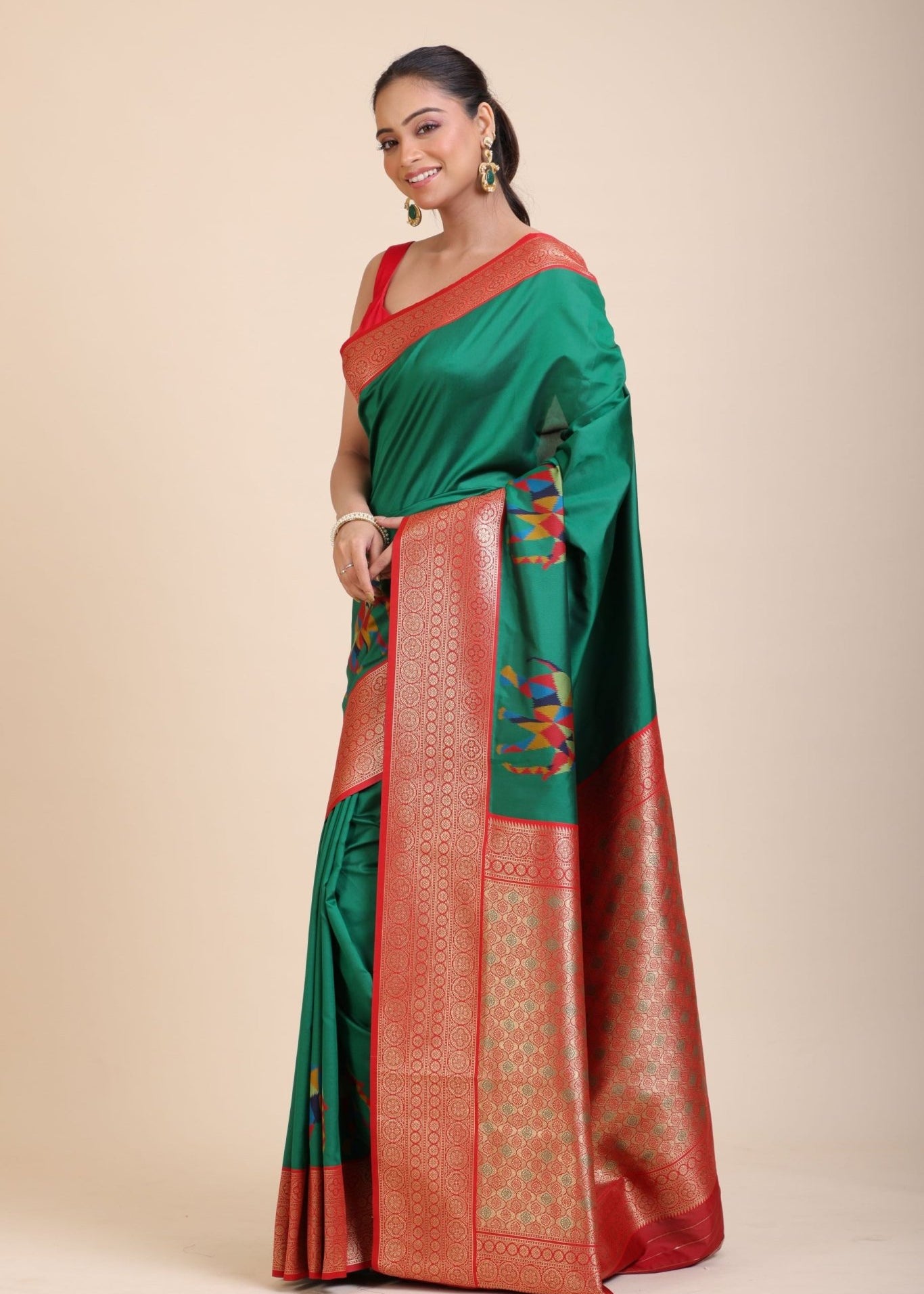 Green Soft Silk Saree With Red and Golden Border - Anvi Couture