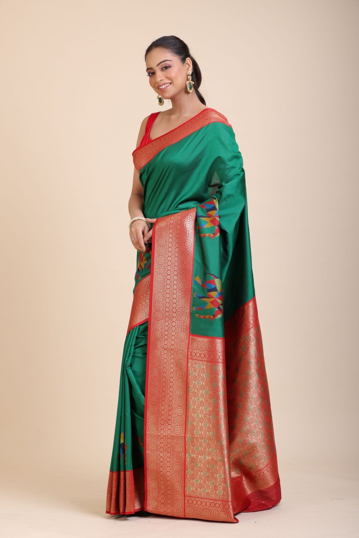 Green Soft Silk Saree With Red and Golden Border - Anvi Couture