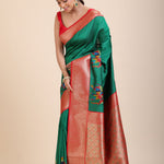 Green Soft Silk Saree With Red and Golden Border close up