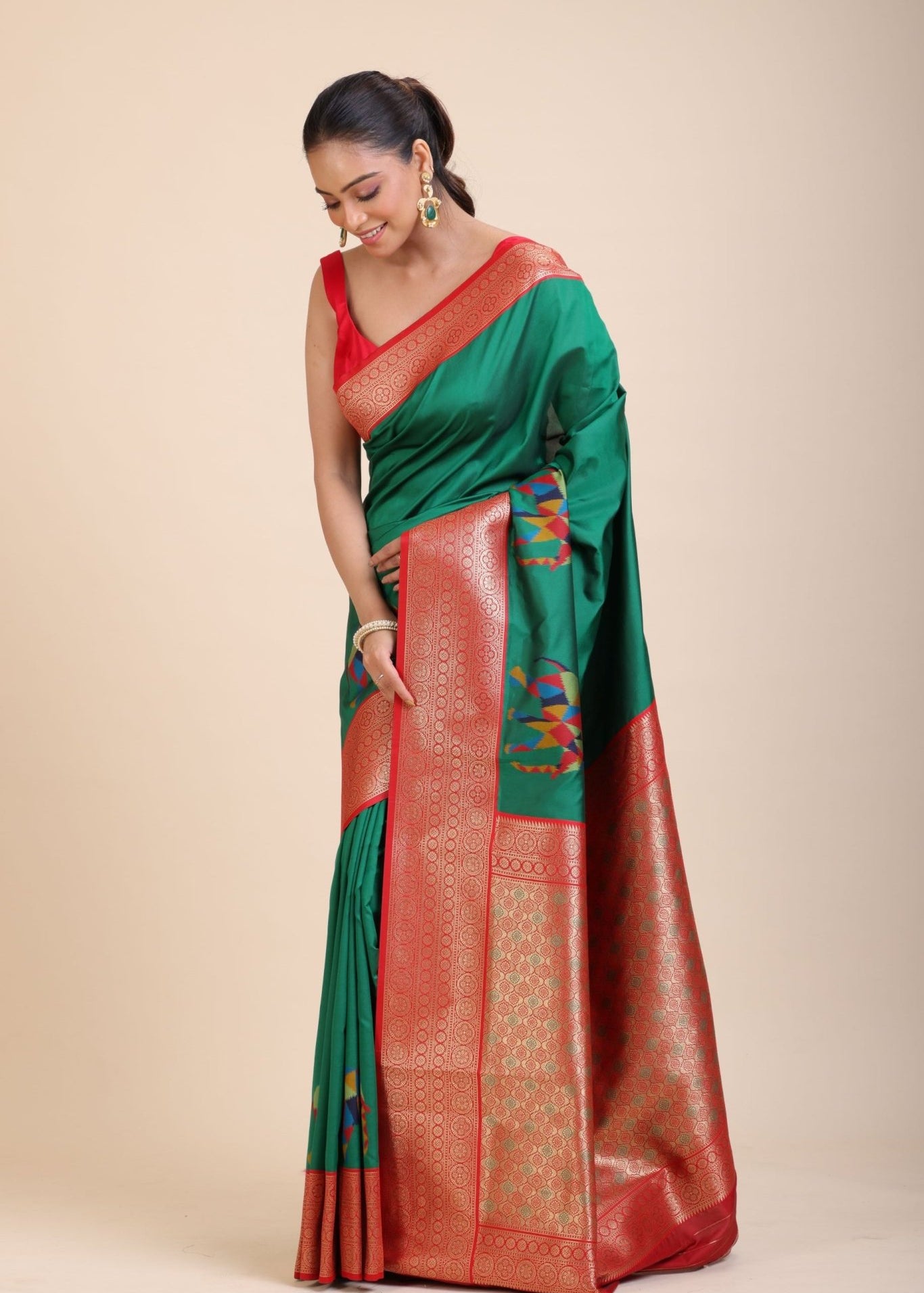 Green Soft Silk Saree With Red and Golden Border - Anvi Couture