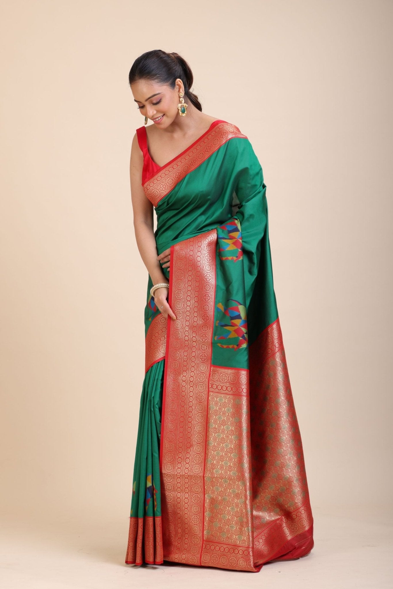 Green Soft Silk Saree With Red and Golden Border - Anvi Couture