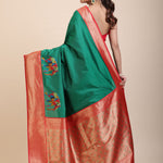 Green Soft Silk Saree With Red and Golden Border back
