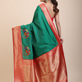 Green Soft Silk Saree With Red and Golden Border back