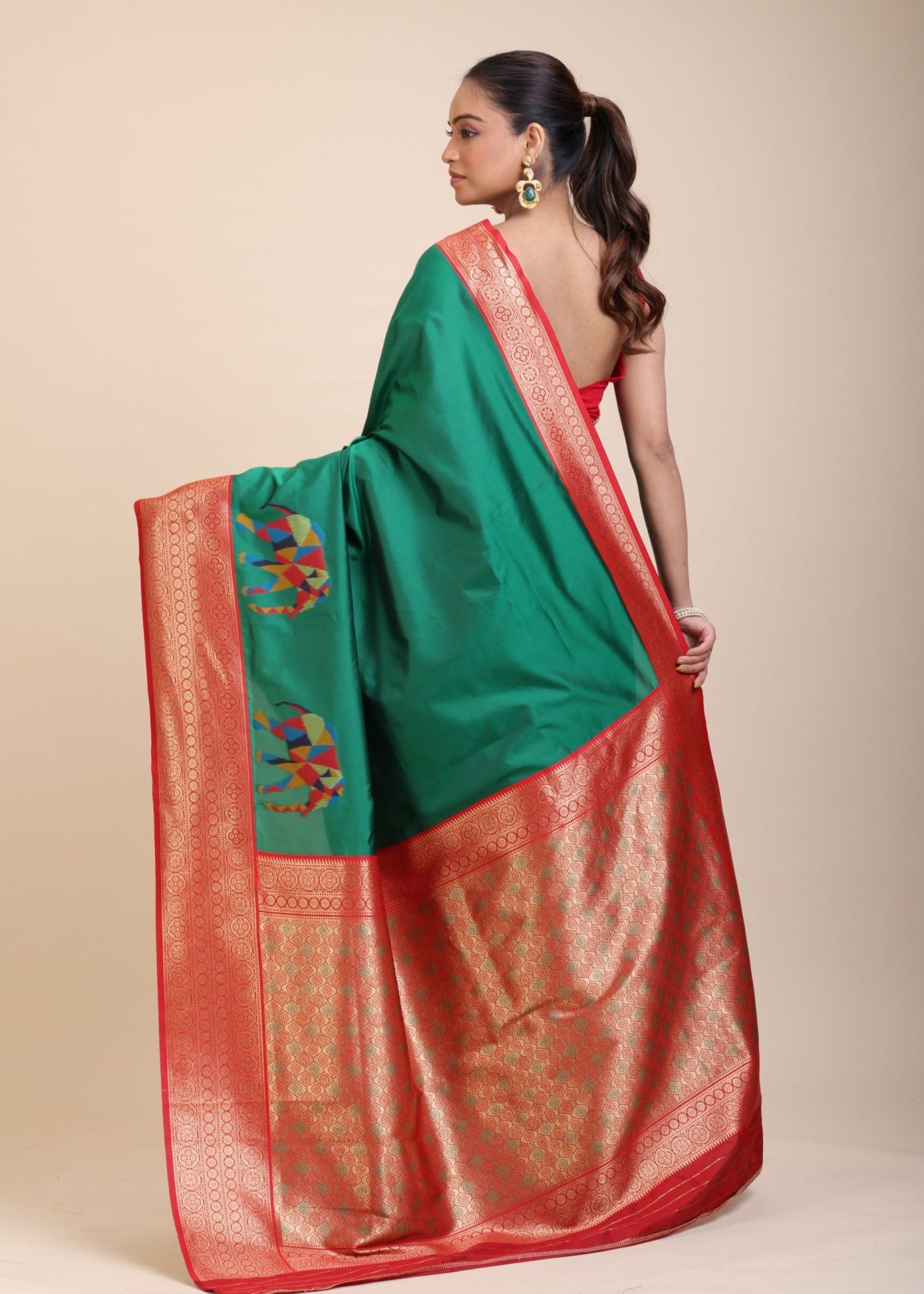 Green Soft Silk Saree With Red and Golden Border - Anvi Couture