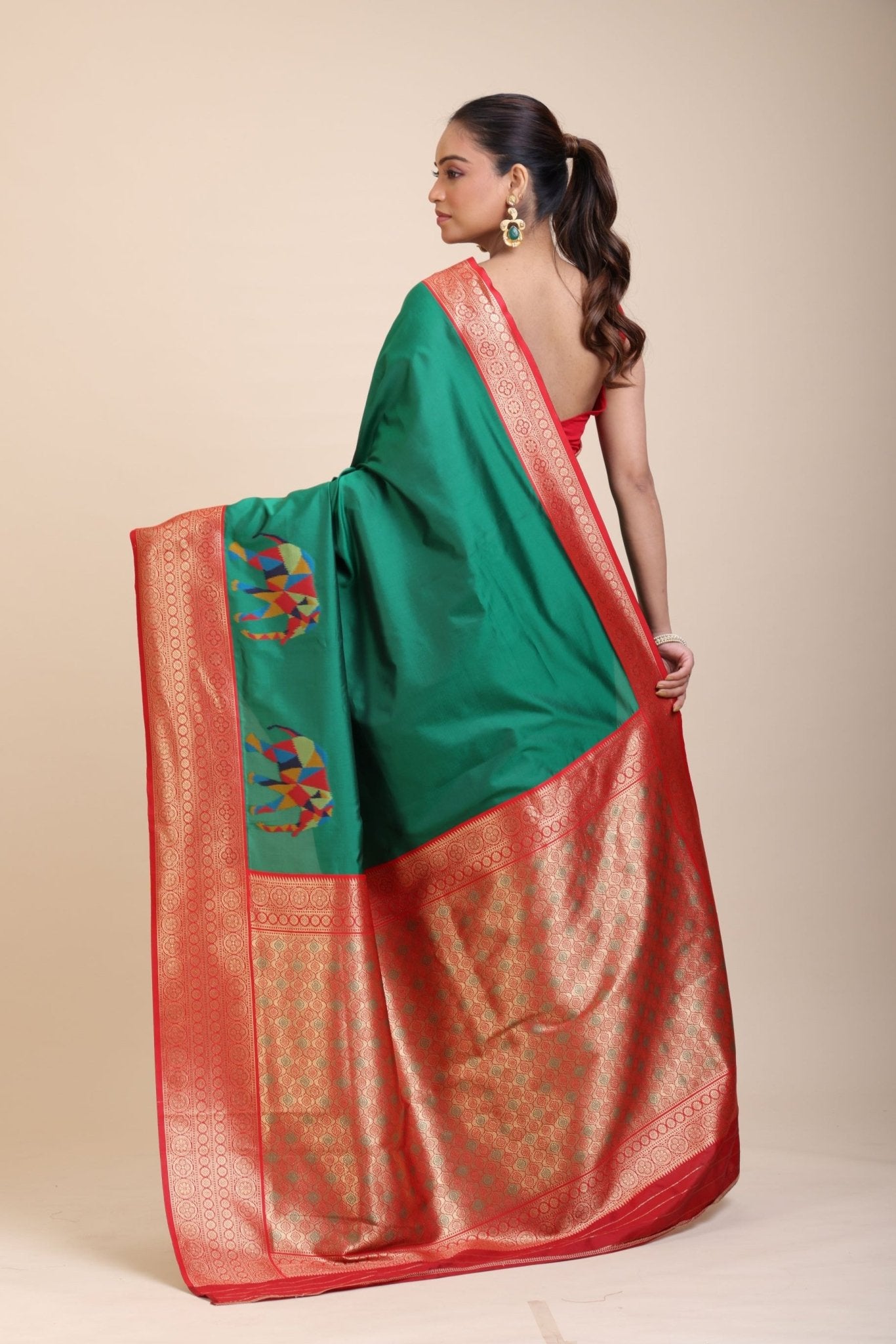 Green Soft Silk Saree With Red and Golden Border - Anvi Couture