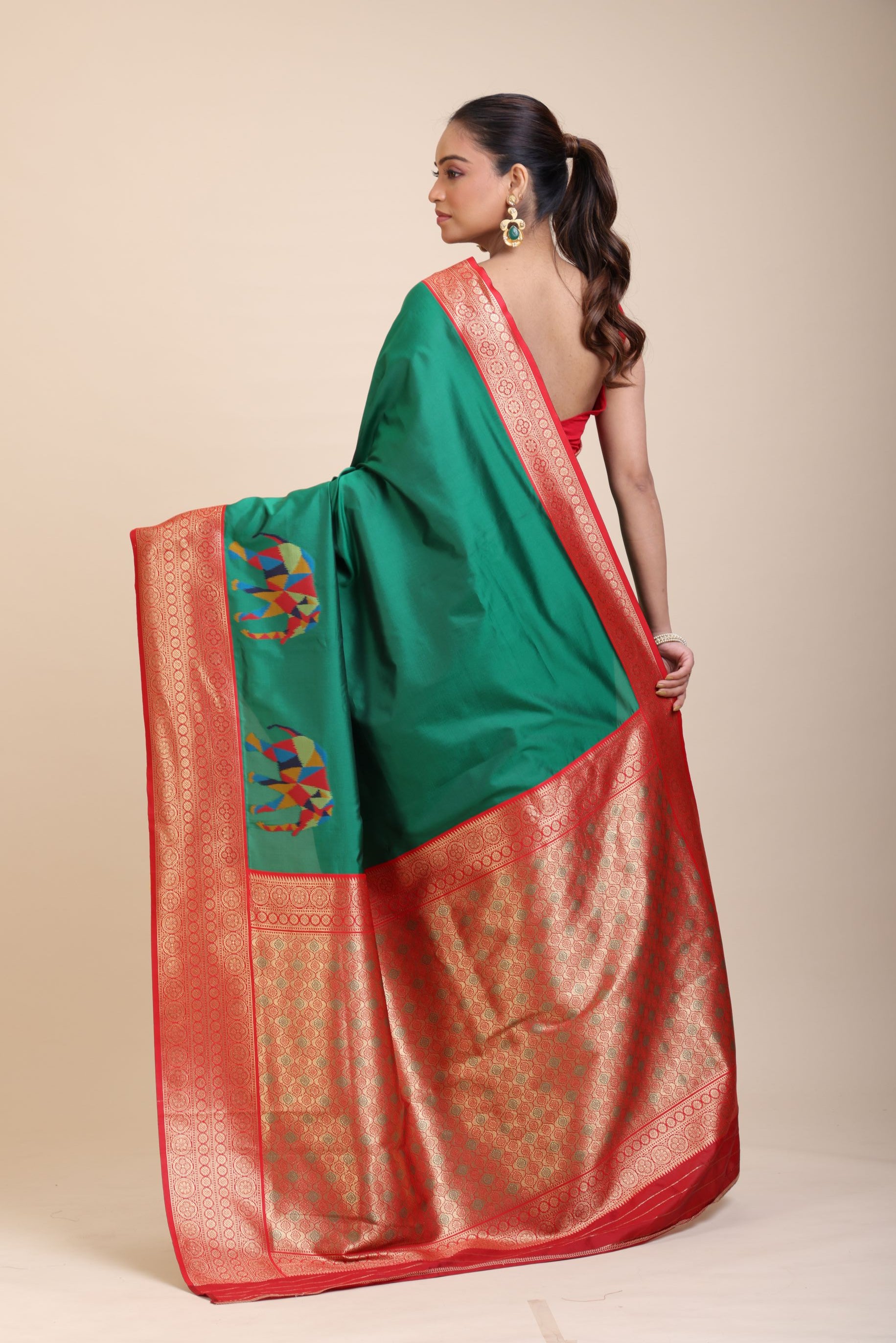 Green Soft Silk Saree With Red and Golden Border back