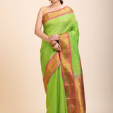 Green South Indian Silk Saree With PInk and Golden Border and Pallu - Anvi Couture