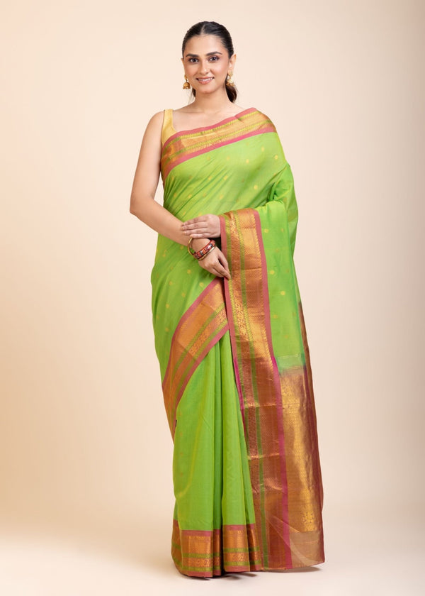 Green South Indian Silk Saree With PInk and Golden Border and Pallu - Anvi Couture