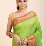 Green South Indian Silk Saree With PInk and Golden Border and Pallu - Anvi Couture