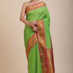 Green South Indian Silk Saree With PInk and Golden Border and Pallu Front
