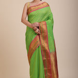 Green South Indian Silk Saree With PInk and Golden Border and Pallu Front
