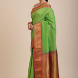 Green South Indian Silk Saree With PInk and Golden Border and Pallu Front
