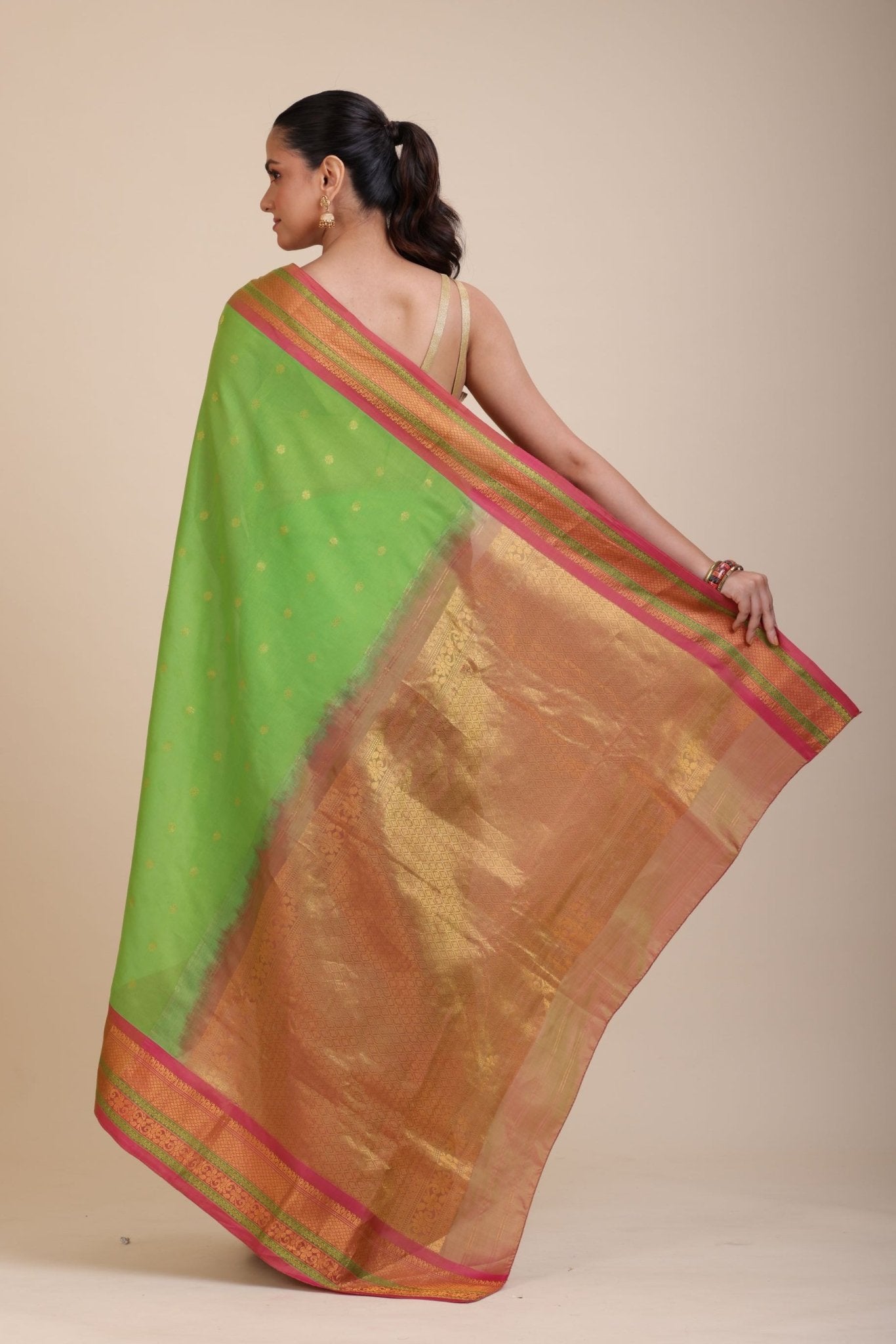 Green South Indian Silk Saree With PInk and Golden Border and Pallu - Anvi Couture