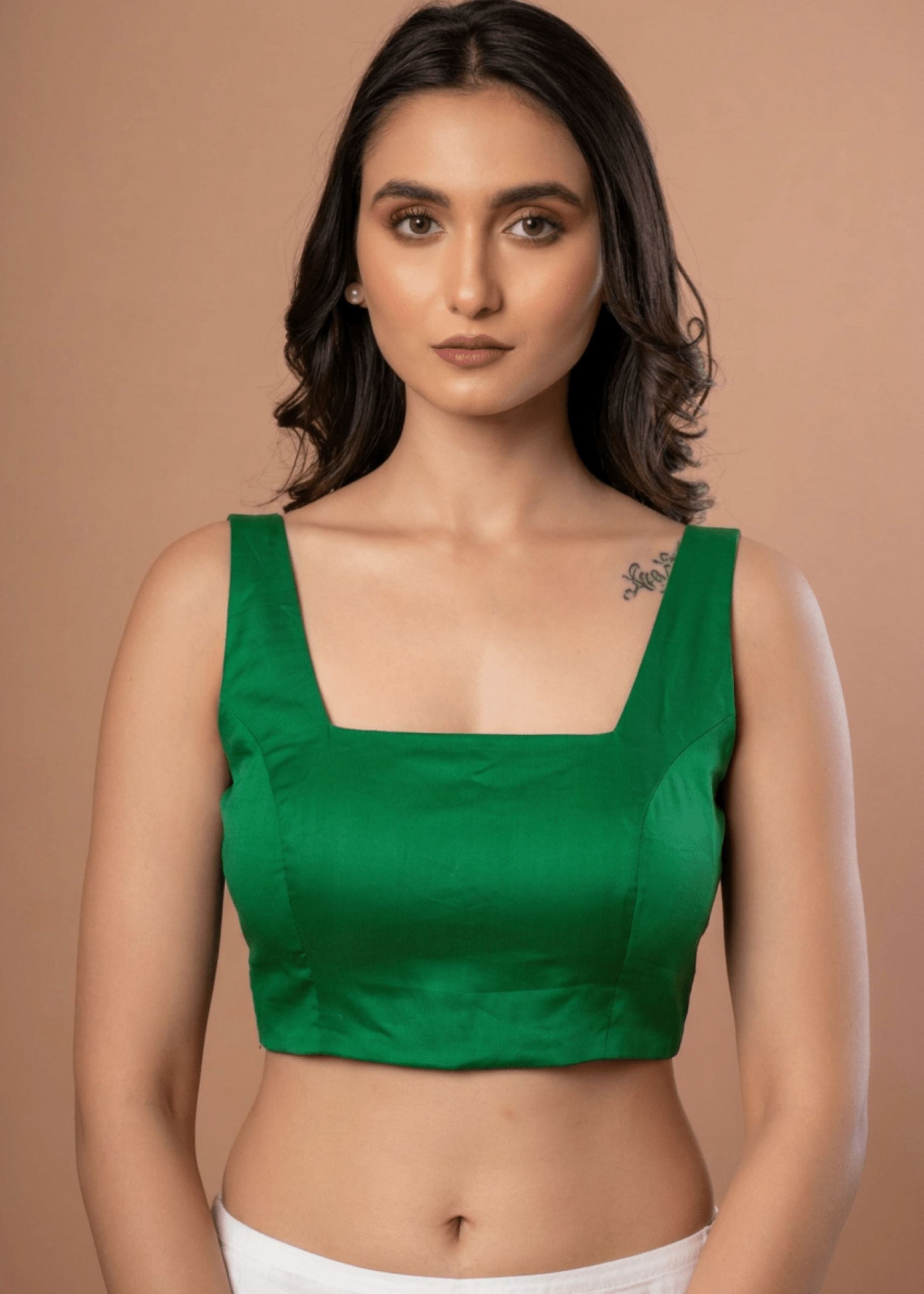 Green Square Neck Sleeveless Blouse front view