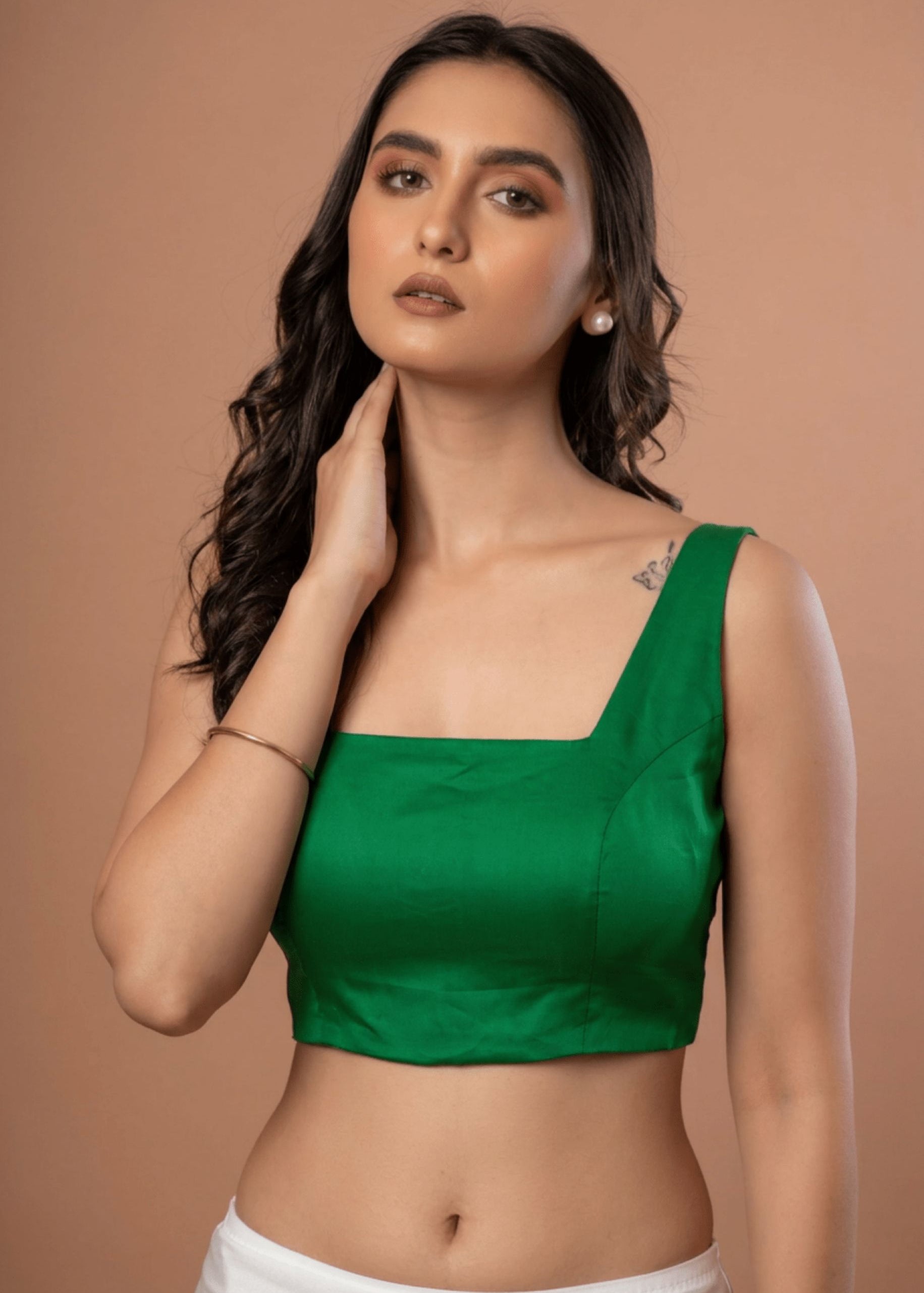 Green Square Neck Sleeveless Blouse Close View