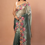 Green Tissue Silk Saree with Pink Floral Embroidered - Anvi Couture