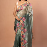 Green Tissue Silk Saree with Pink Floral Embroidered - Anvi Couture