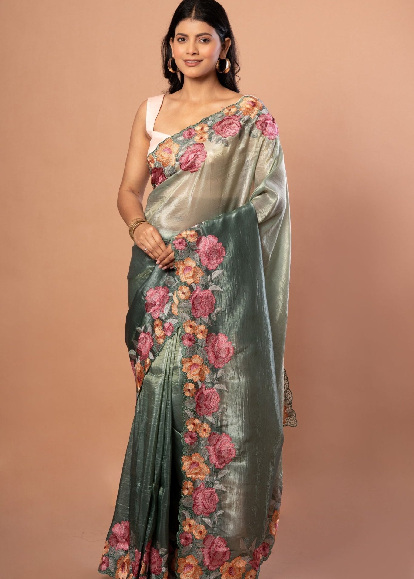 Green Tissue Silk Saree with Pink Floral Embroidered - Anvi Couture