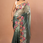 Green Tissue Silk Saree with Pink Floral Embroidered - Anvi Couture
