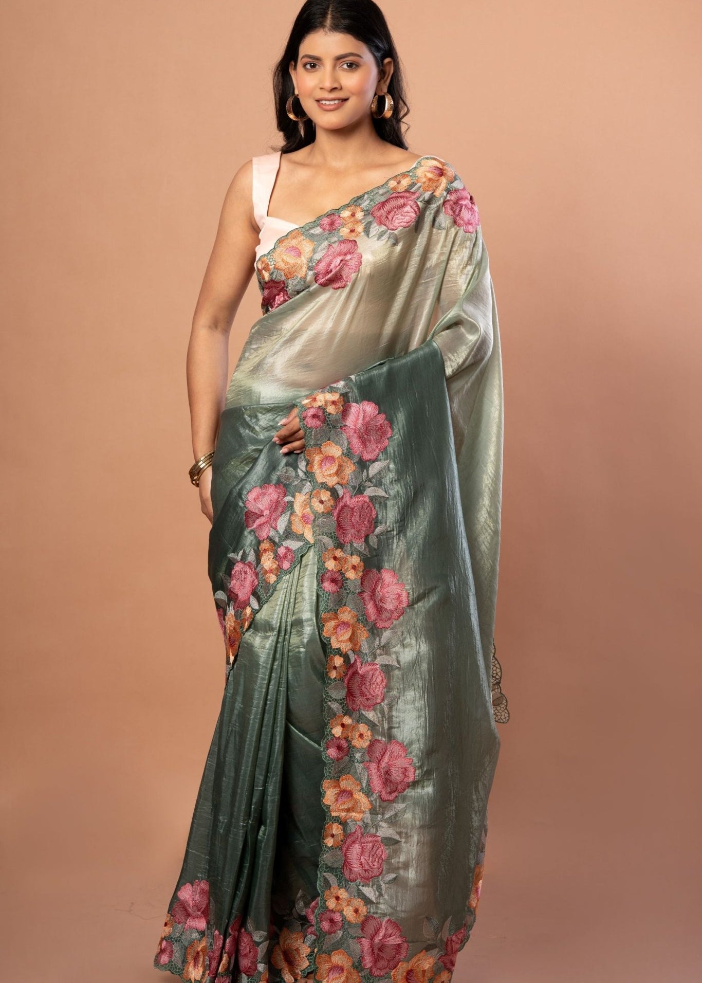 Green Tissue Silk Saree with Pink Floral Embroidered - Anvi Couture