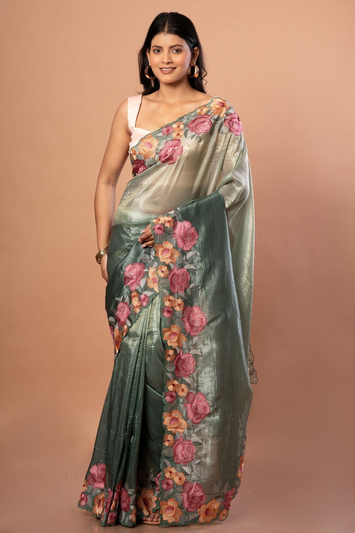 Green Tissue Silk Saree with Pink Floral Embroidered - Anvi Couture