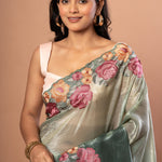 Green Tissue Silk Saree with Pink Floral Embroidered - Anvi Couture