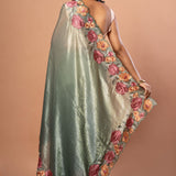 Green Tissue Silk Saree with Pink Floral Embroidered - Anvi Couture