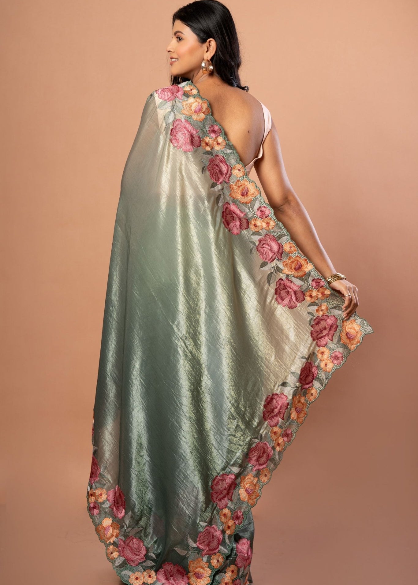 Green Tissue Silk Saree with Pink Floral Embroidered - Anvi Couture