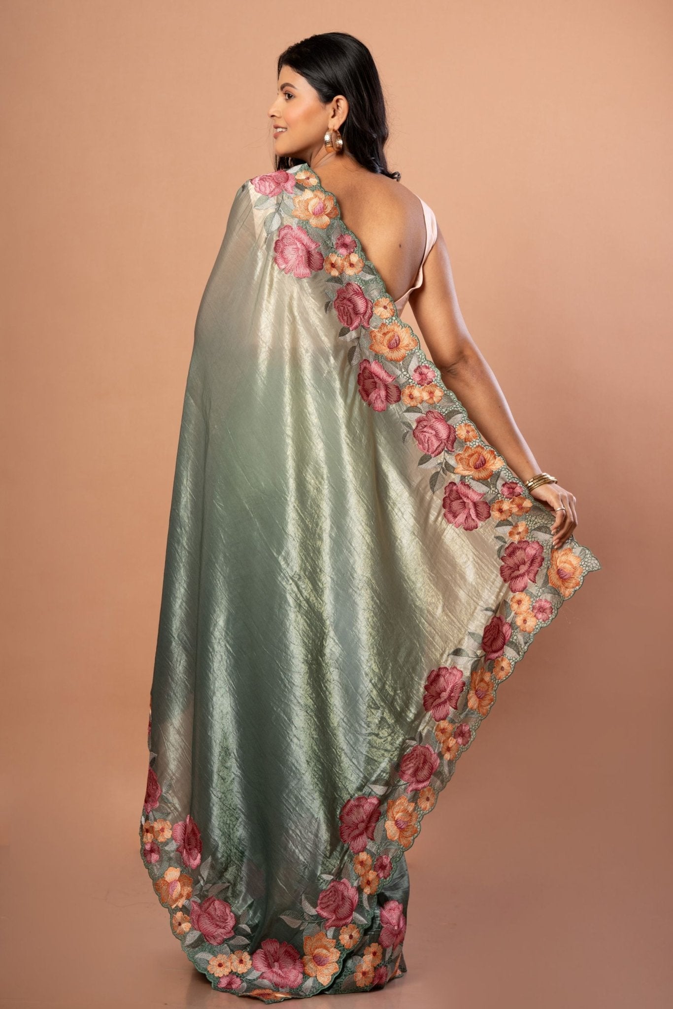 Green Tissue Silk Saree with Pink Floral Embroidered - Anvi Couture