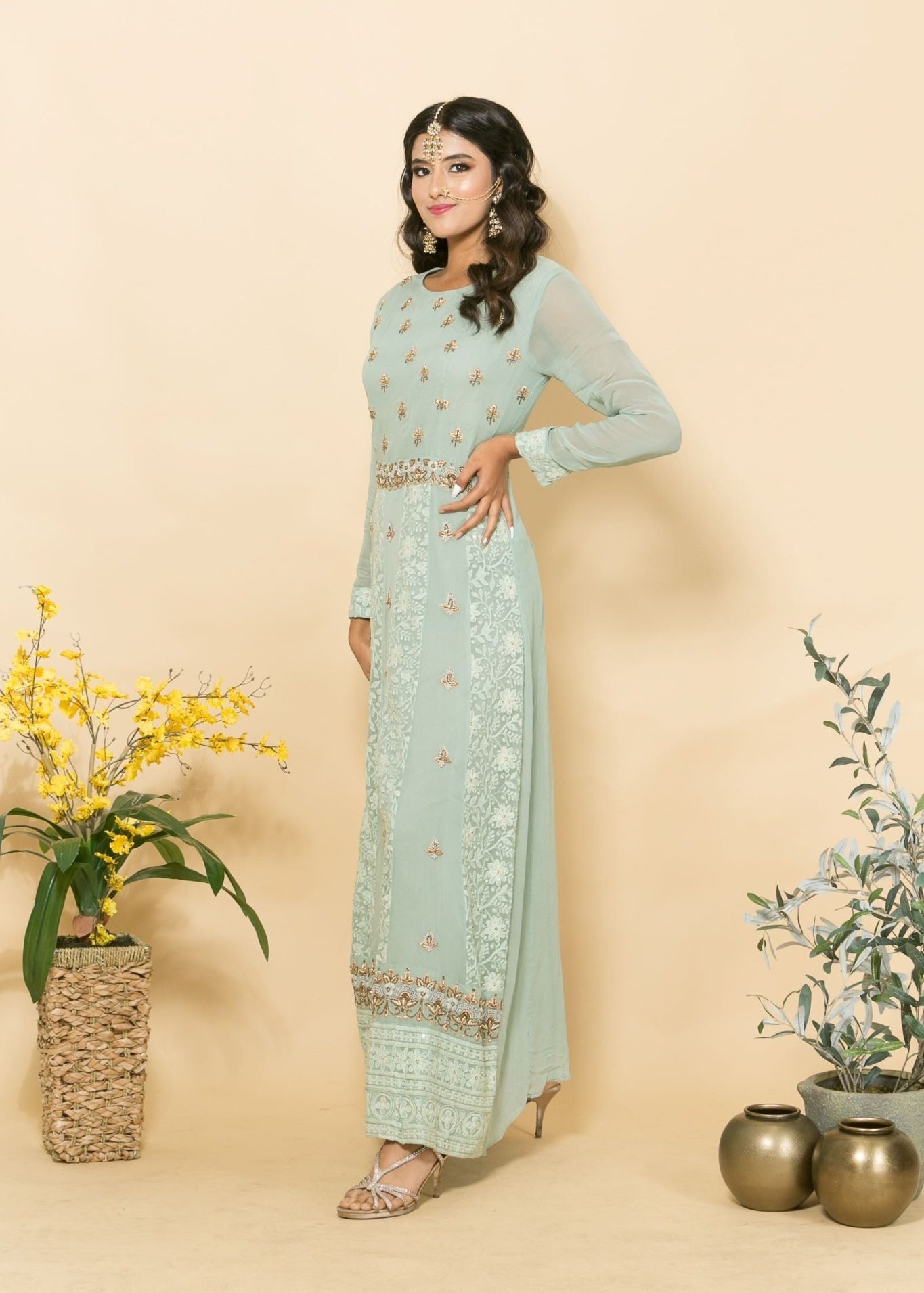 Green Two-Piece Embroidered Dress - Anvi Couture