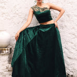 Green Velvet Lehenga with Hand Embroidered One Shoulder Top full