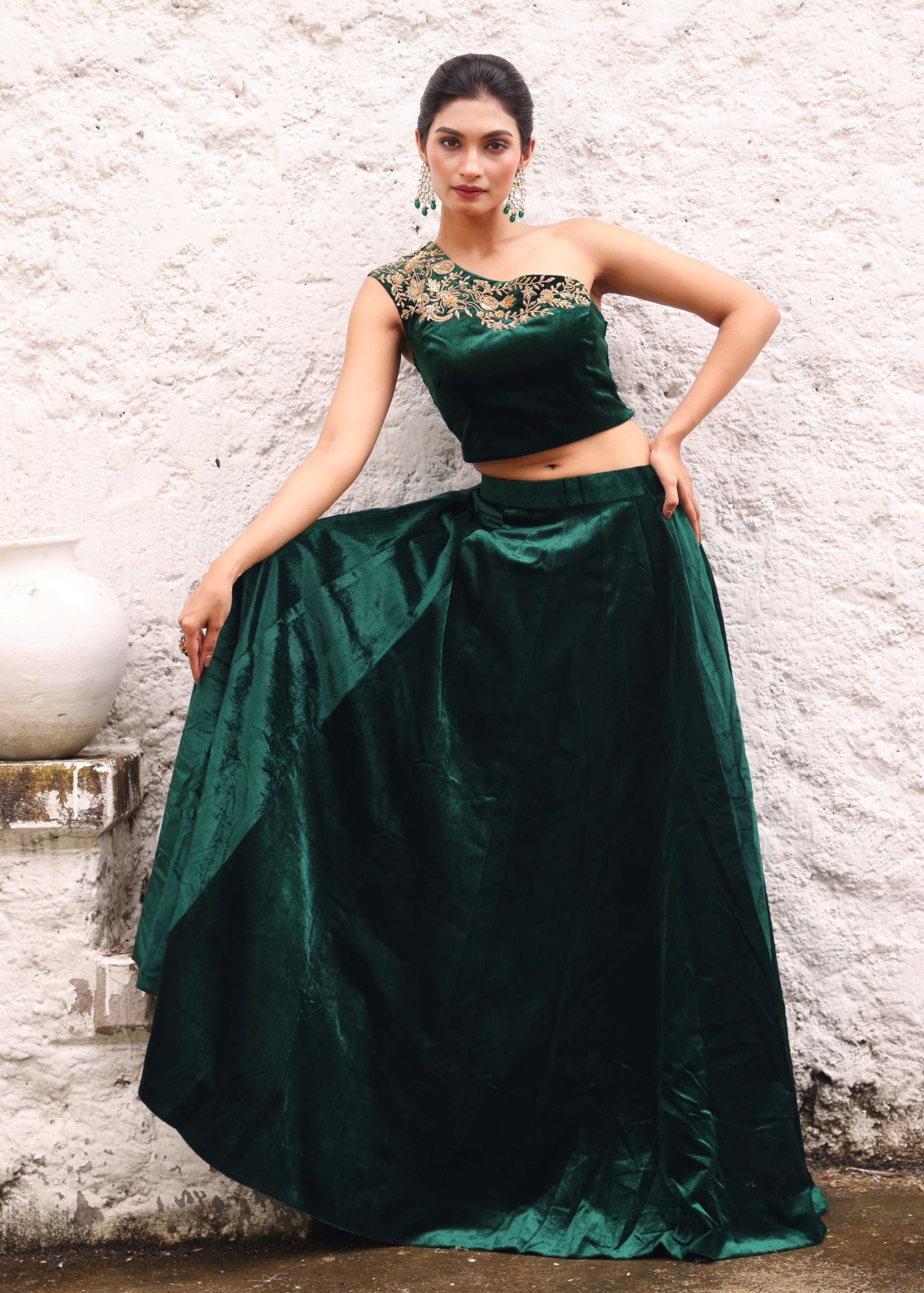 Green Velvet Lehenga with Hand Embroidered One Shoulder Top full