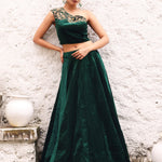 Green Velvet Lehenga with Hand Embroidered One Shoulder Top front