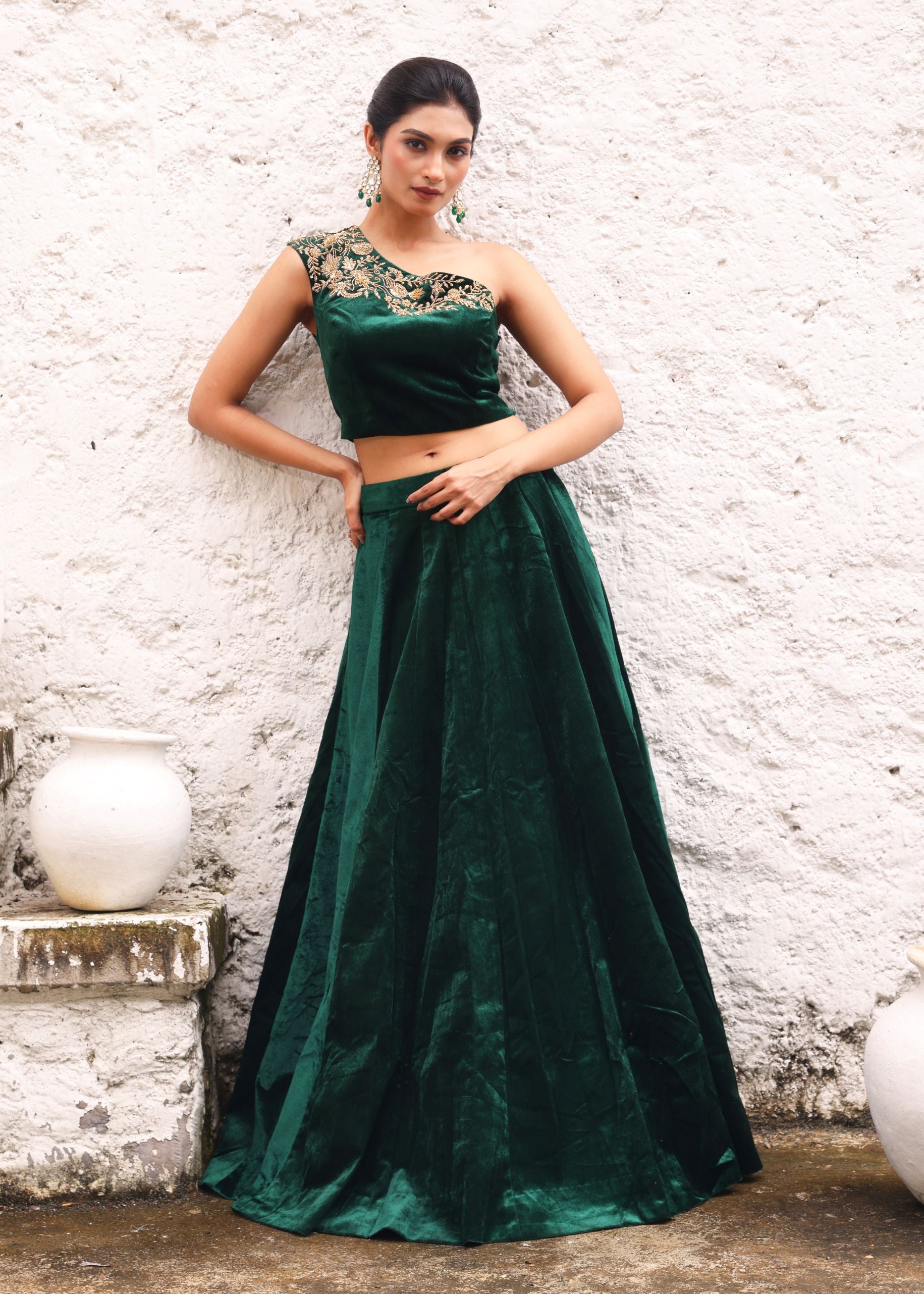 Green Velvet Lehenga with Hand Embroidered One Shoulder Top front