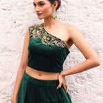 Green Velvet Lehenga with Hand Embroidered One Shoulder Top close up