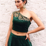 Green Velvet Lehenga with Hand Embroidered One Shoulder Top close up