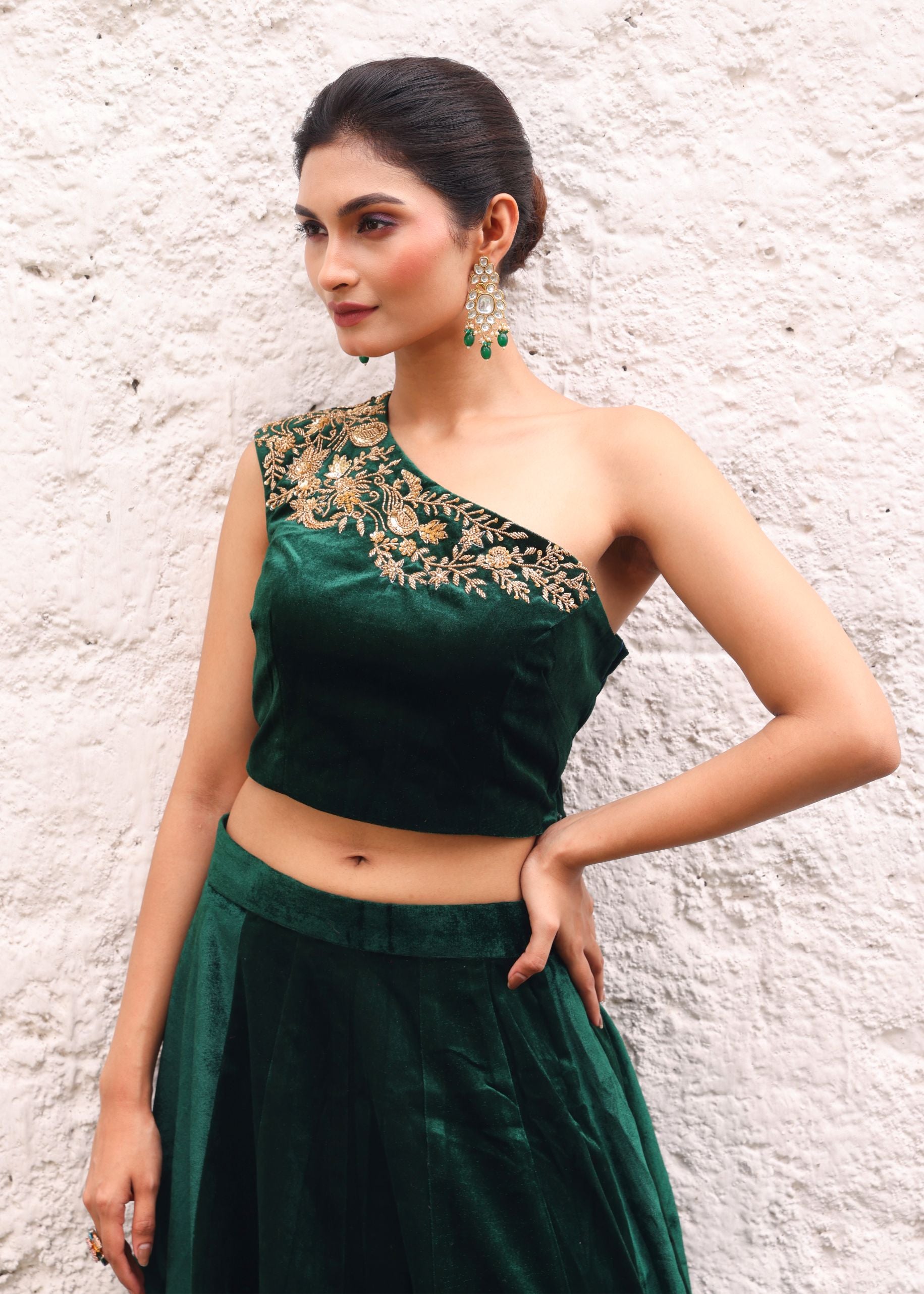 Green Velvet Lehenga with Hand Embroidered One Shoulder Top close up