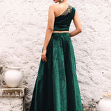 Green Velvet Lehenga with Hand Embroidered One Shoulder Top back