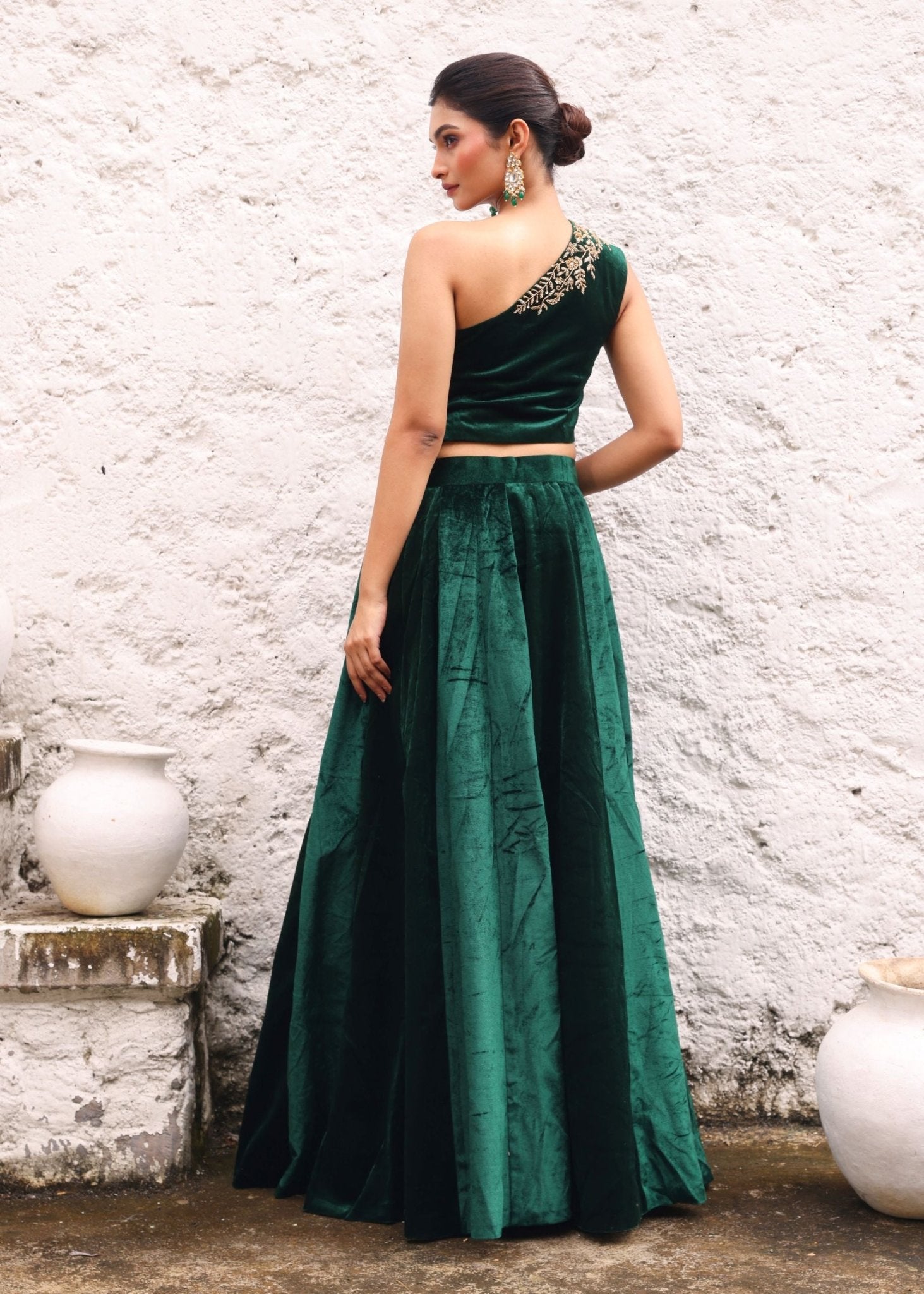 Green Velvet Lehenga with Hand Embroidered One Shoulder Top - Anvi Couture