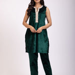 Green Velvet Short Kurti Set with Pearl Embroidery full
