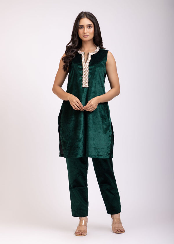 Green Velvet Short Kurti Set with Pearl Embroidery full