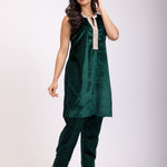Green Velvet Short Kurti Set with Pearl Embroidery front