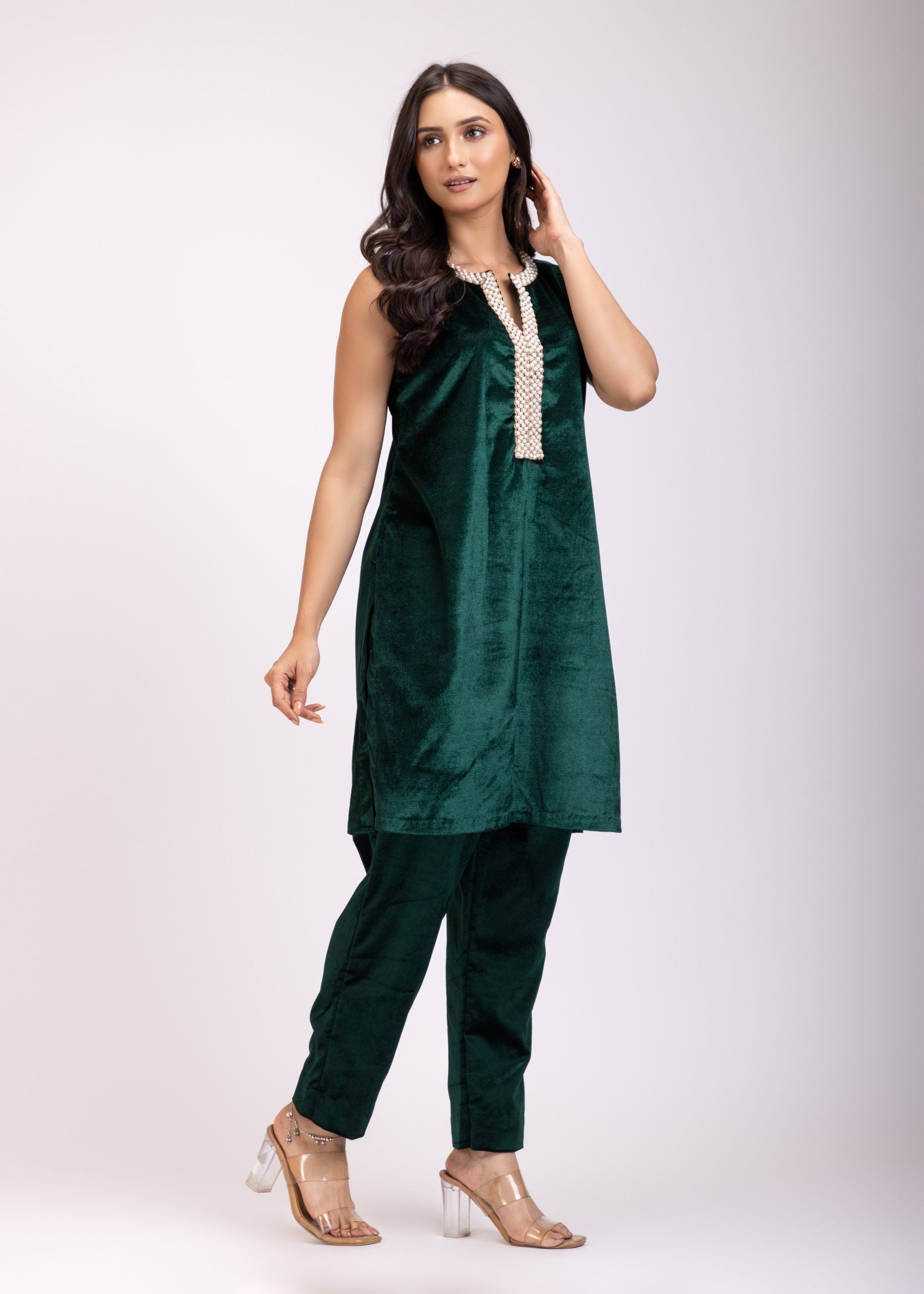 Green Velvet Short Kurti Set with Pearl Embroidery front