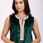Green Velvet Short Kurti Set with Pearl Embroidery close up