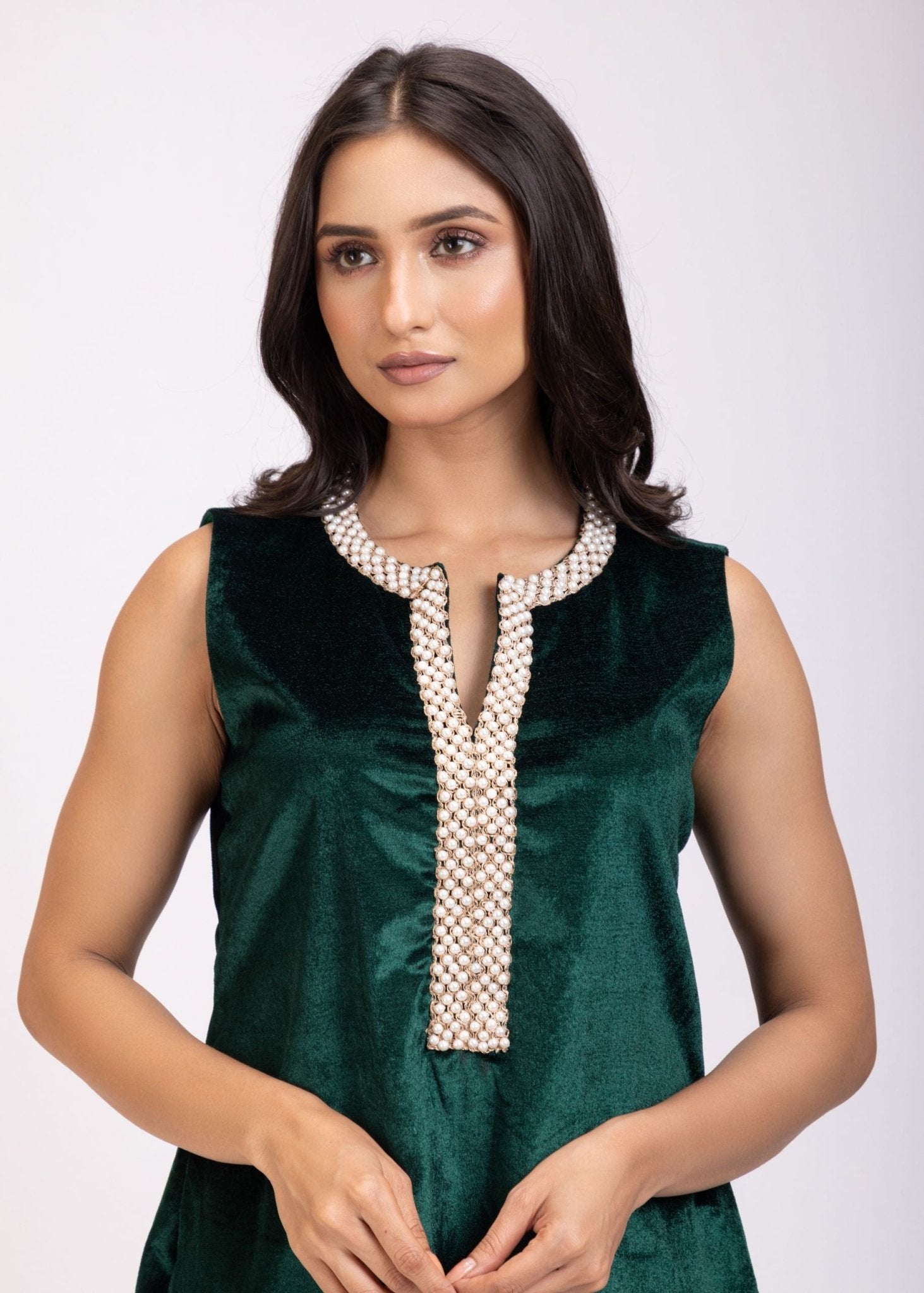 Green Velvet Short Kurti Set with Pearl Embroidery - Anvi Couture