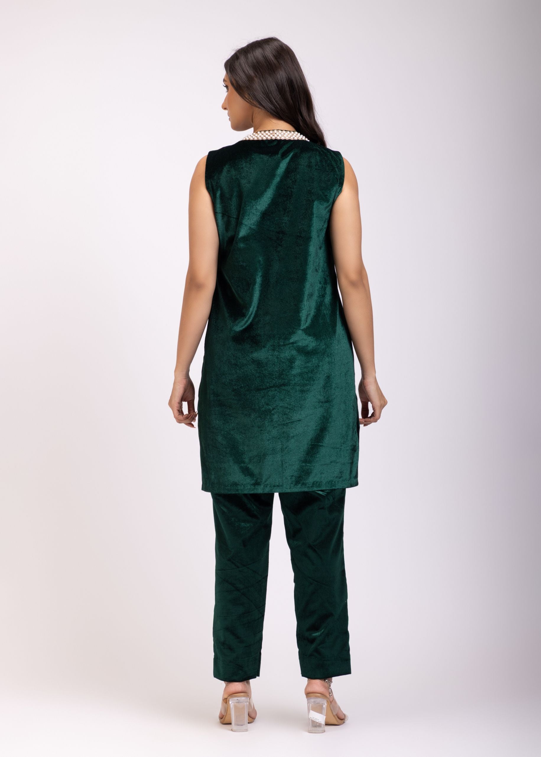 Green Velvet Short Kurti Set with Pearl Embroidery back