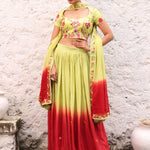 Green and Maroon Ombre Lehenga with Floral Embroidery Full view