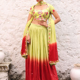 Green and Maroon Ombre Lehenga with Floral Embroidery Full view