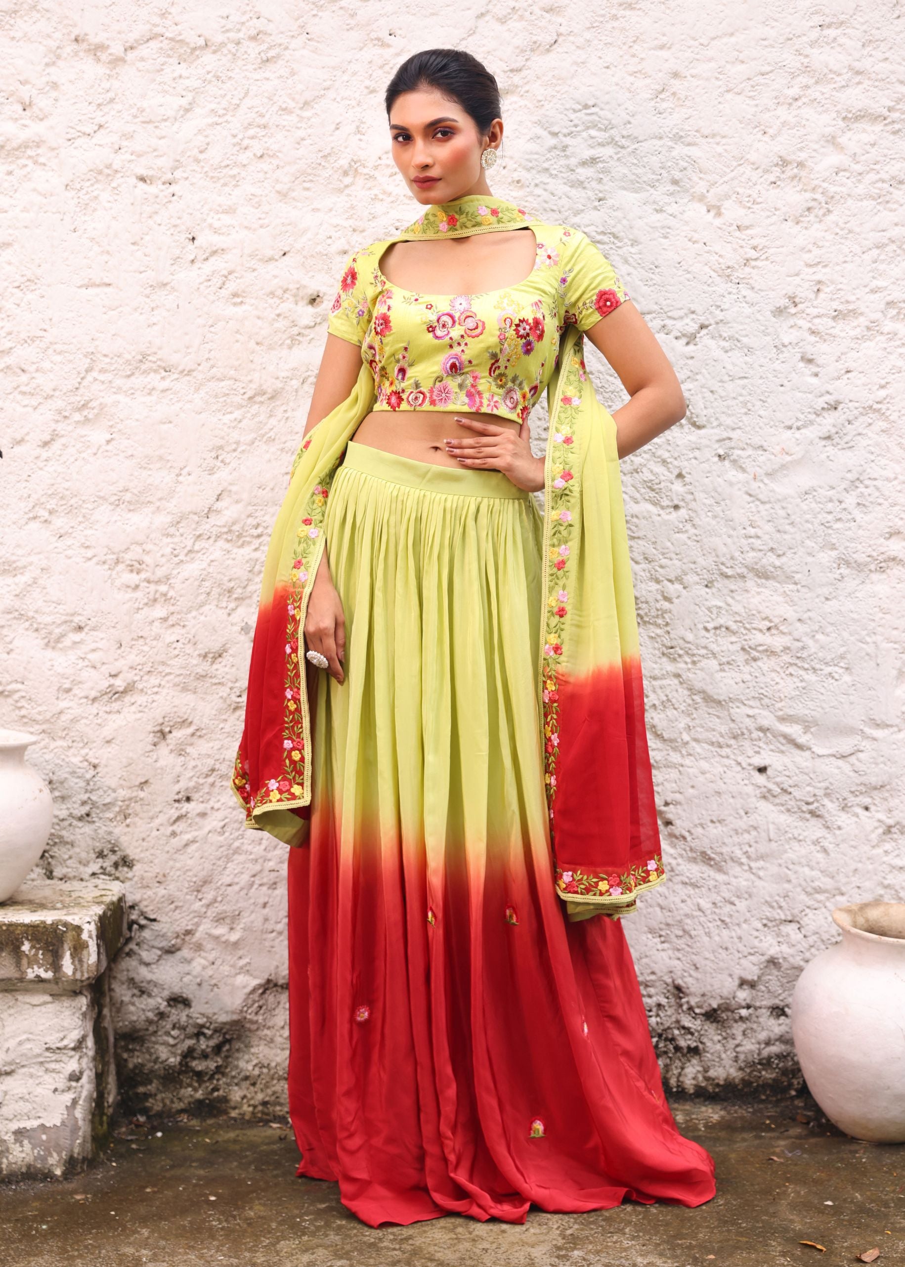 Green and Maroon Ombre Lehenga with Floral Embroidery Full view